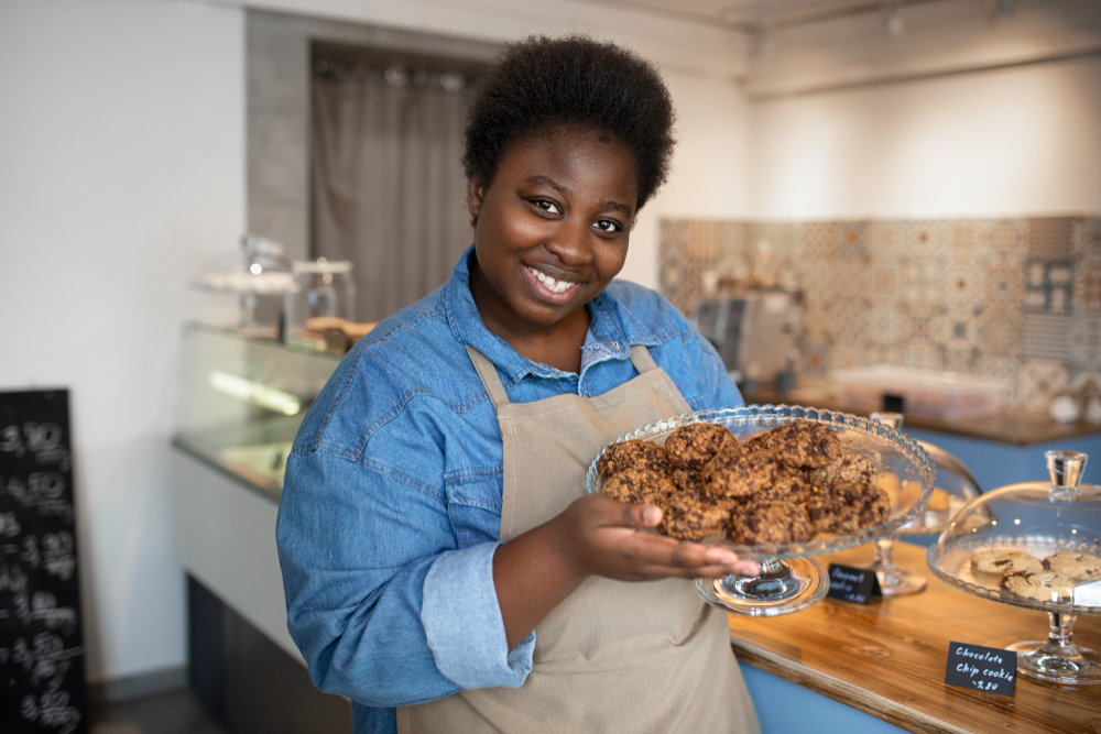 Baker holding a tray of fresh cookies