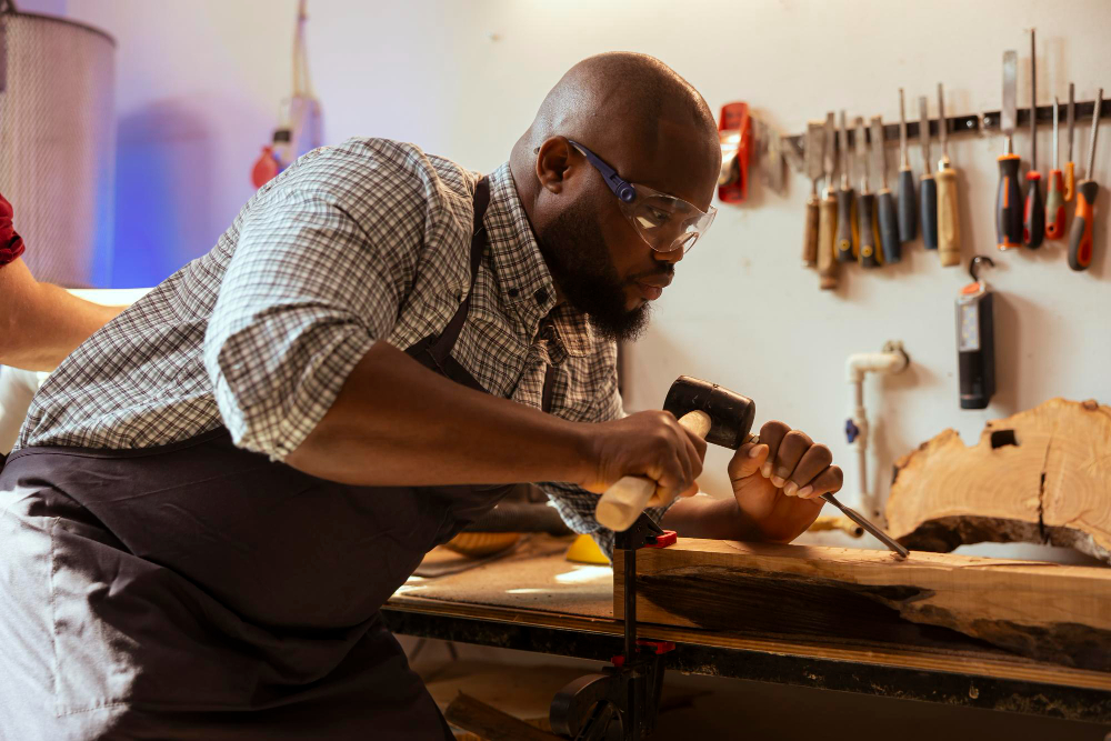 Carpenter carving wood with chisel and mallet
