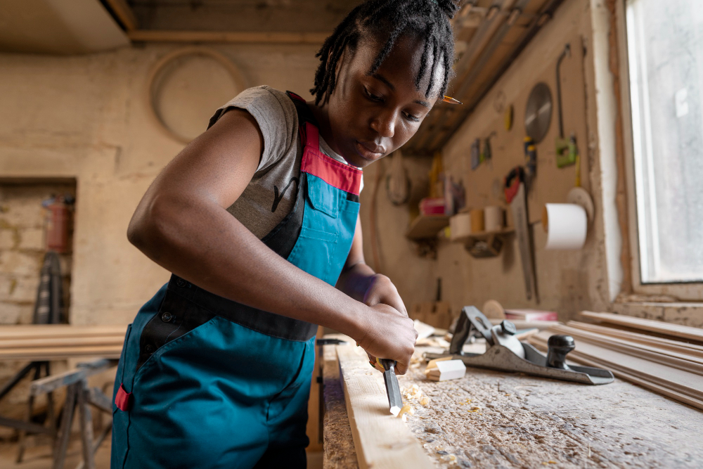 Artisan carving wood with a hand chisel