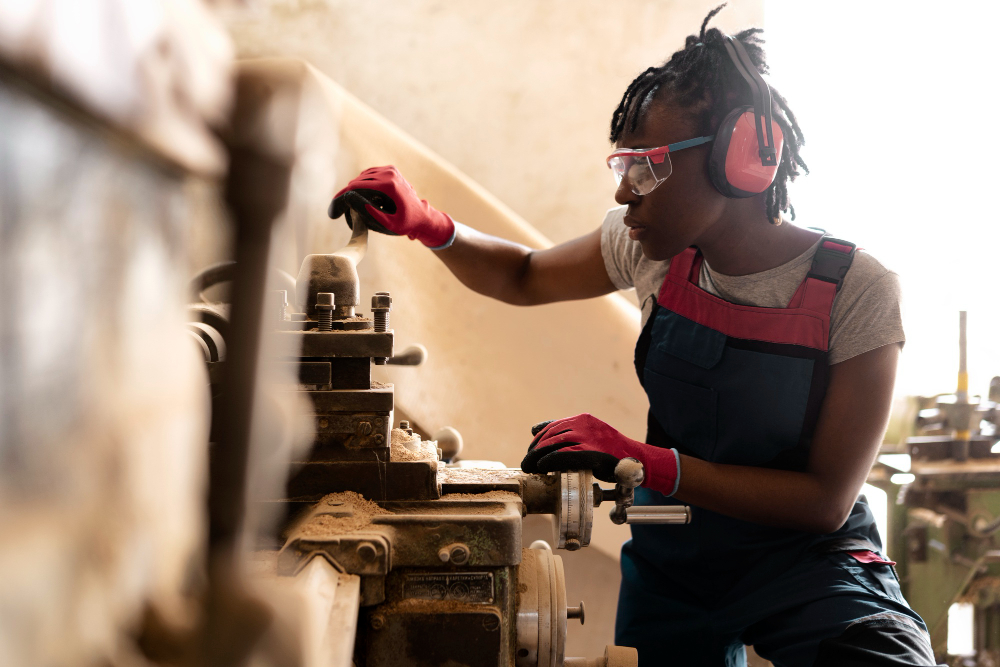Artisan operating a metal lathe in a workshop