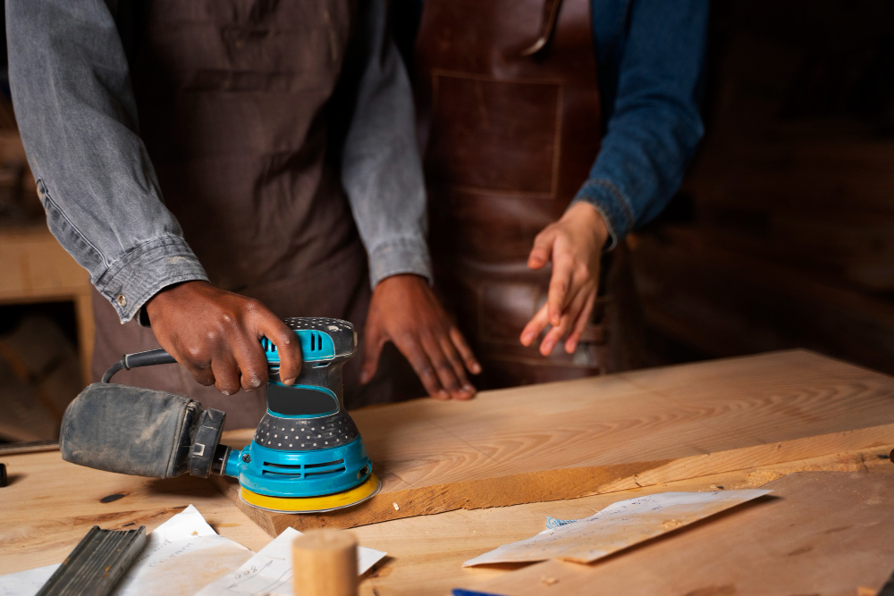 Artisans sanding wood in a workshop